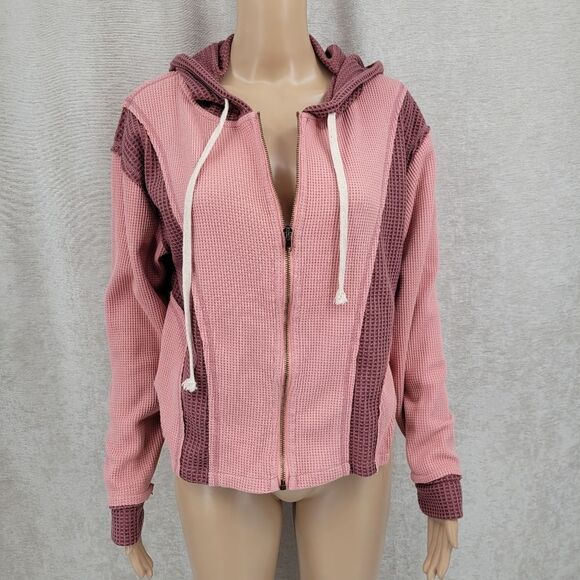 POL Pink and Mauve Waffle Knit Full Zip Hooded Jacket Sweatshirt Women's Small - Picture 1 of 12